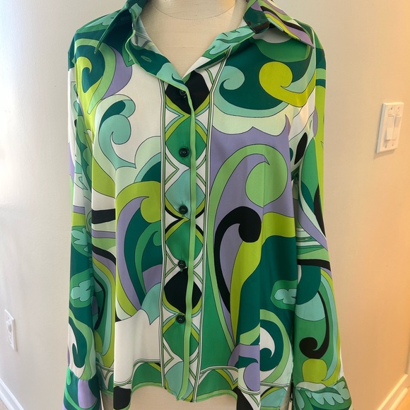 ZARA Green Multi-Print Tie-Front Button Shirt NWT looks like Pucci - Picture 2 of 6